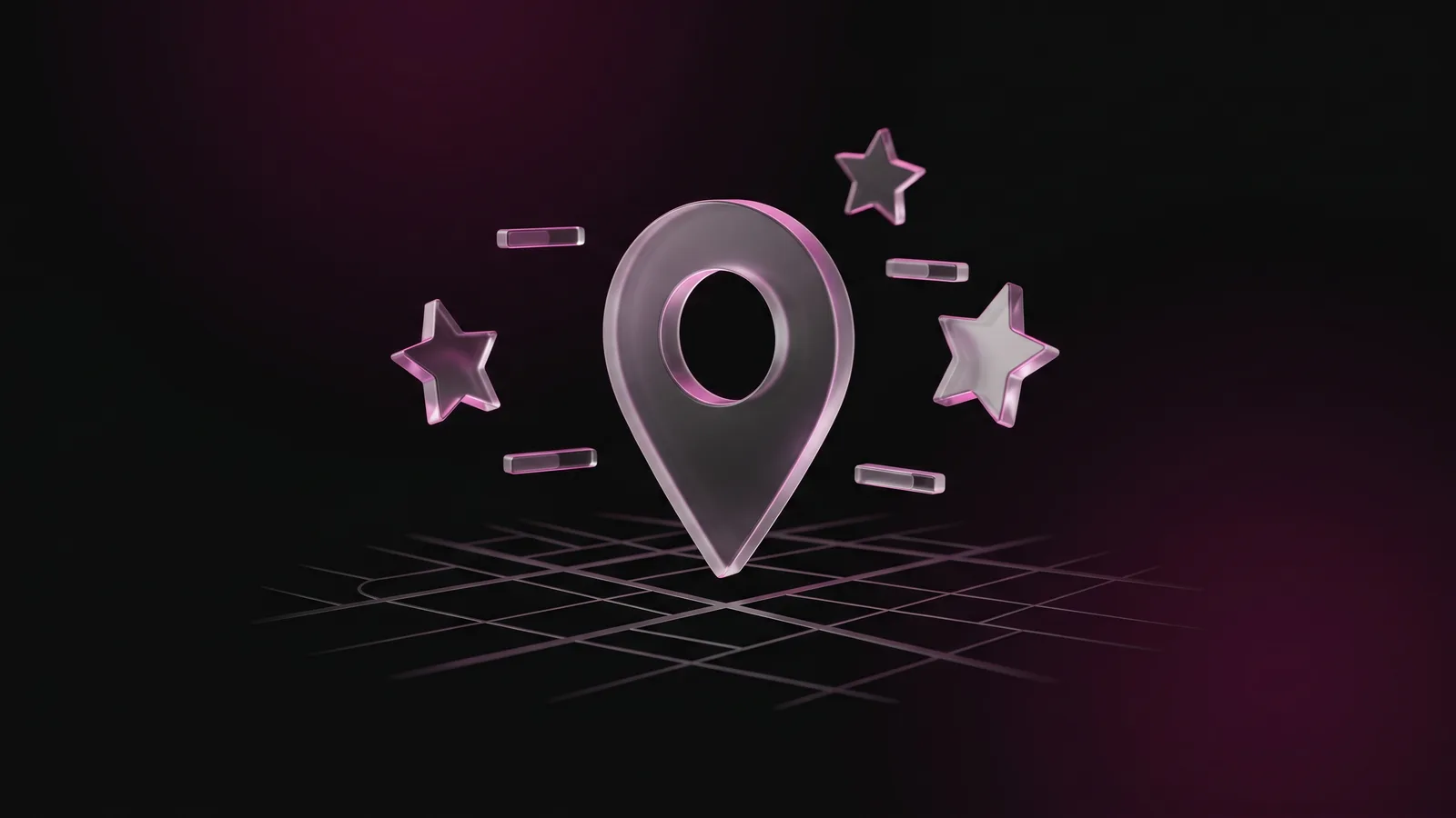 Pin di localizzazione in vetro su una mappa, circondato da stelle di recensione