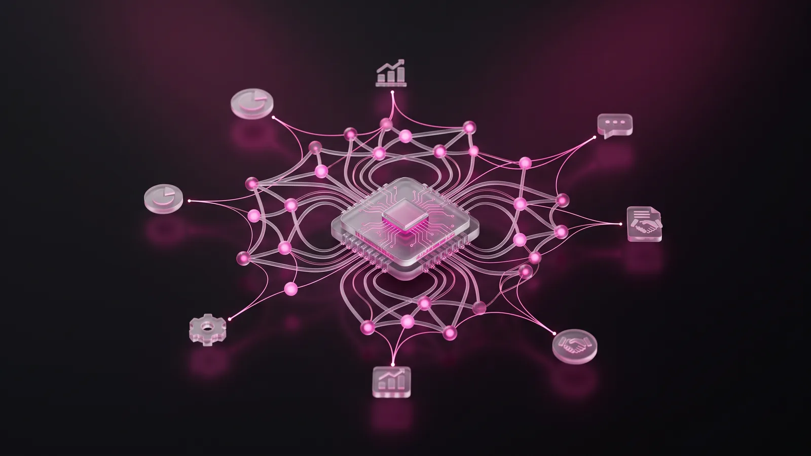 Microchip in vetro e rete neurale connessa a icone di attività aziendali