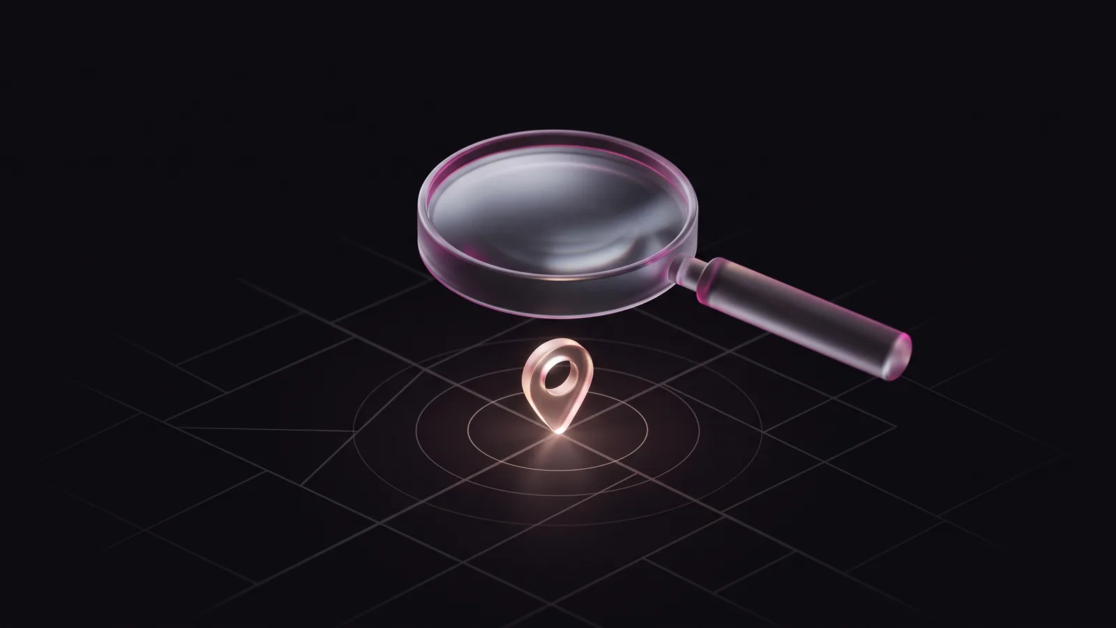 Lente d'ingrandimento in vetro su una mappa con un pin di localizzazione